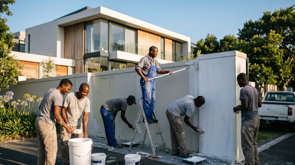 Professional team painting a boundary wall at a modern home in Fish Hoek
