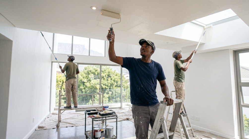 Professional ceiling painters rolling white paint onto a high ceiling in Fish Hoek
