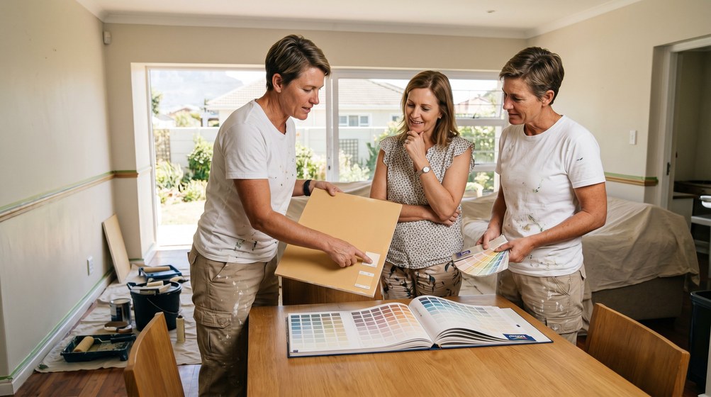 Professional colour consultant showing paint swatches to a homeowner in Fish Hoek