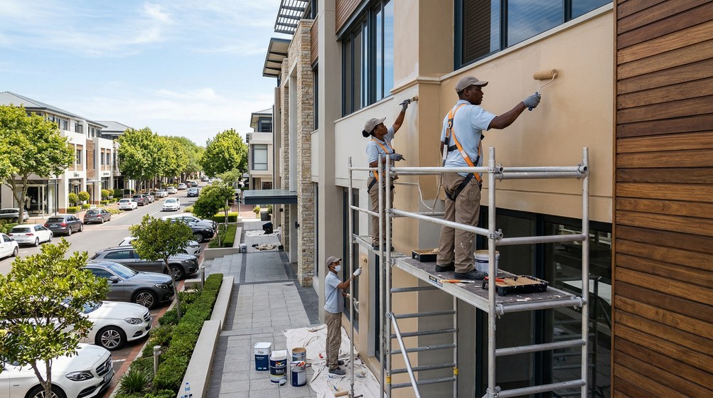 Professional commercial painters on scaffolding painting a building in Fish Hoek