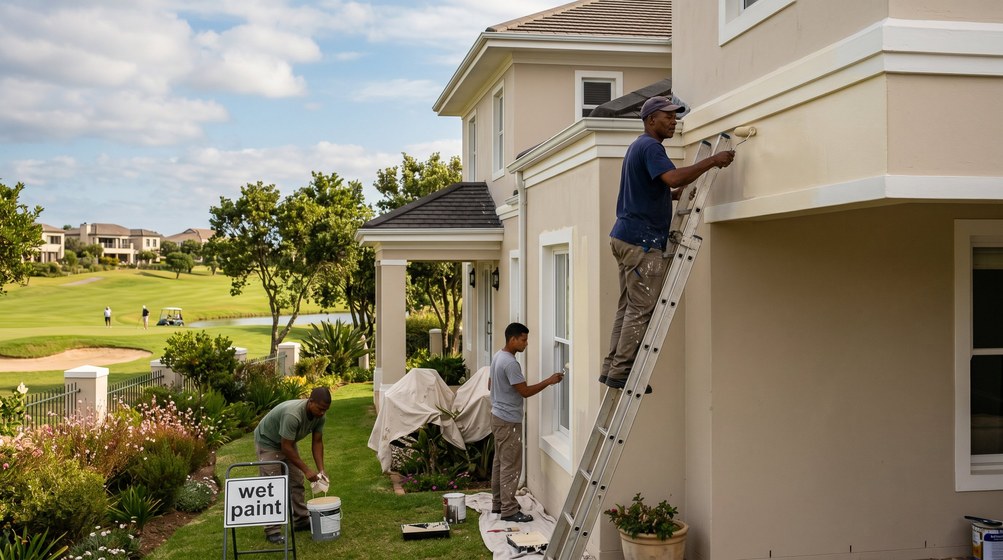 Professional estate painters painting a luxury golf estate home in Fish Hoek