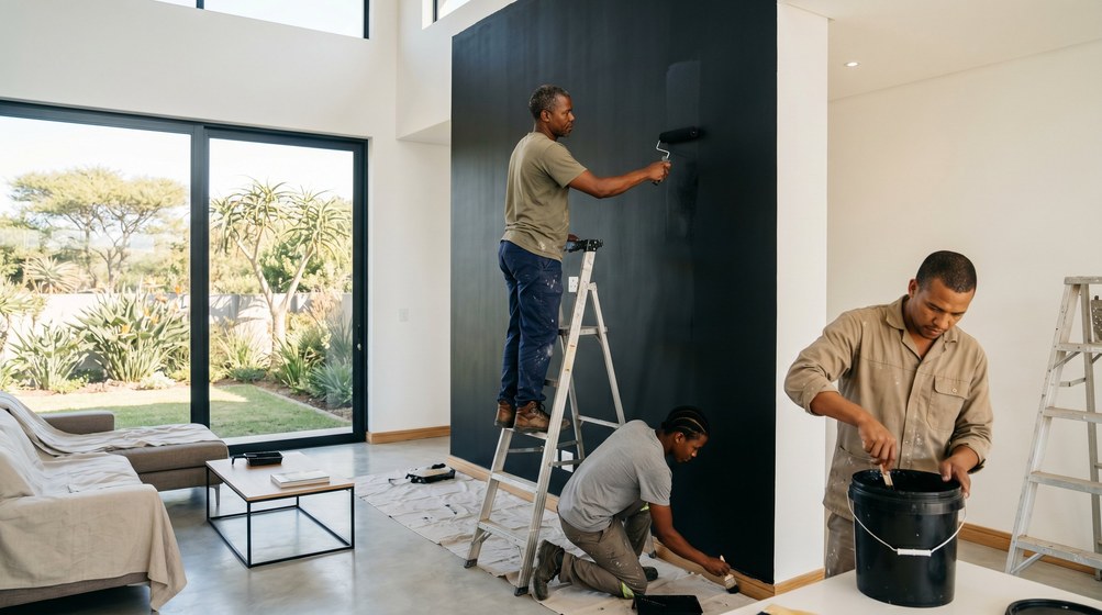 Professional painters creating a bold black feature wall in a modern Fish Hoek home