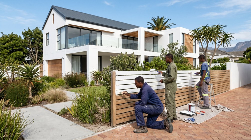 Professional fence painters painting a wooden fence at a Fish Hoek home in Fish Hoek