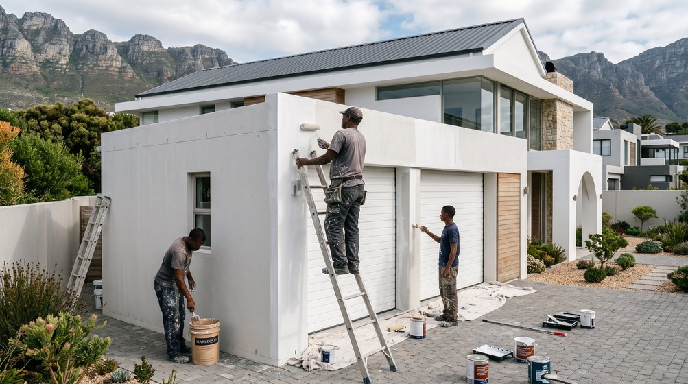 Professional painters painting a double garage exterior and garage doors in Fish Hoek