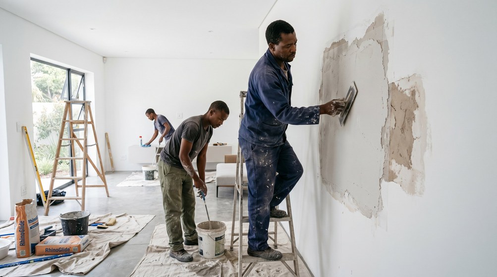 Professional plaster repair team skim coating damaged walls in Fish Hoek