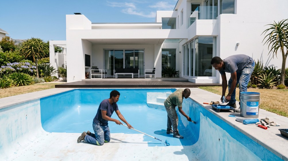 Professional pool painters applying blue pool paint to a swimming pool in Fish Hoek