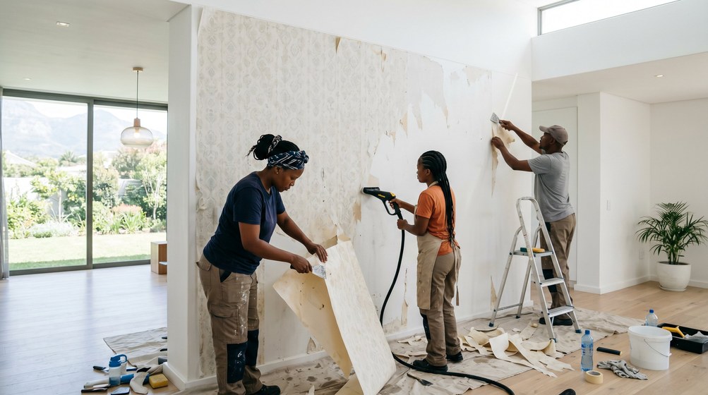 Professional wallpaper removal team stripping old wallpaper in a Fish Hoek home