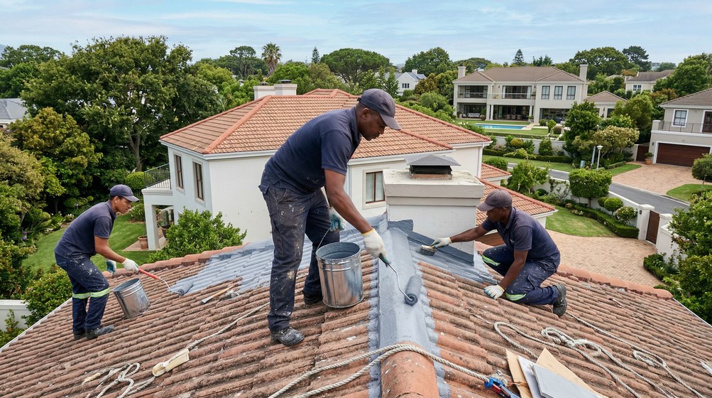 Professional waterproofing team applying membrane to roof in Fish Hoek